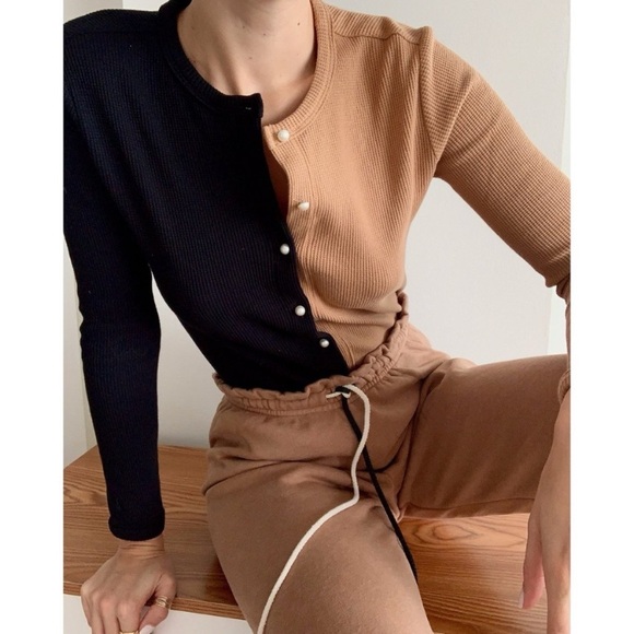 DONNI. Tops - Donni dual thermal cardigan with mini pearl buttons tan black